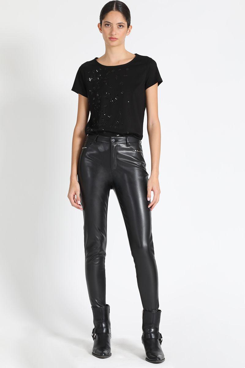 Pantalón Skinny Tiro Medio Efecto Cuero Negro Liola-0