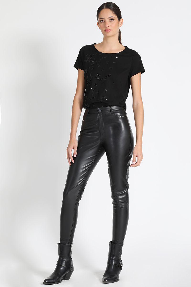 Pantalón Skinny Tiro Medio Efecto Cuero Negro Liola-1