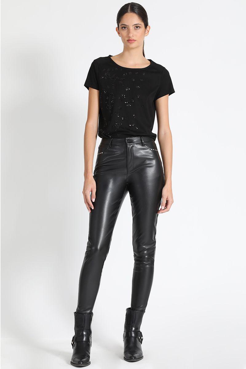 Pantalón Skinny Tiro Medio Efecto Cuero Negro Liola-4