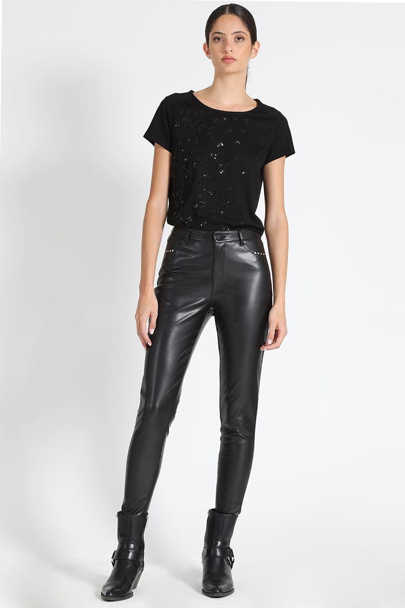 Pantalón Skinny Tiro Medio Efecto Cuero Negro Liola-5