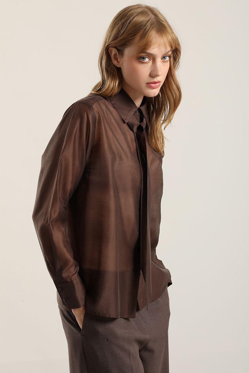 Blusa Semitrasparente Con Lazo, Chocolate Liola-3