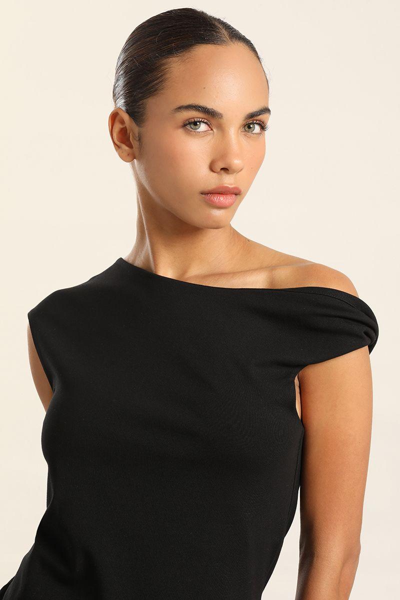 Vestido Midi, Hombro Torcido, Negro Liola-2