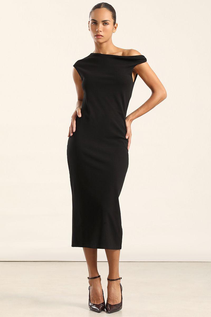 Vestido Midi, Hombro Torcido, Negro Liola-4