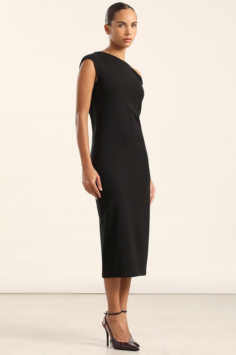 Vestido Midi, Hombro Torcido, Negro Liola-5