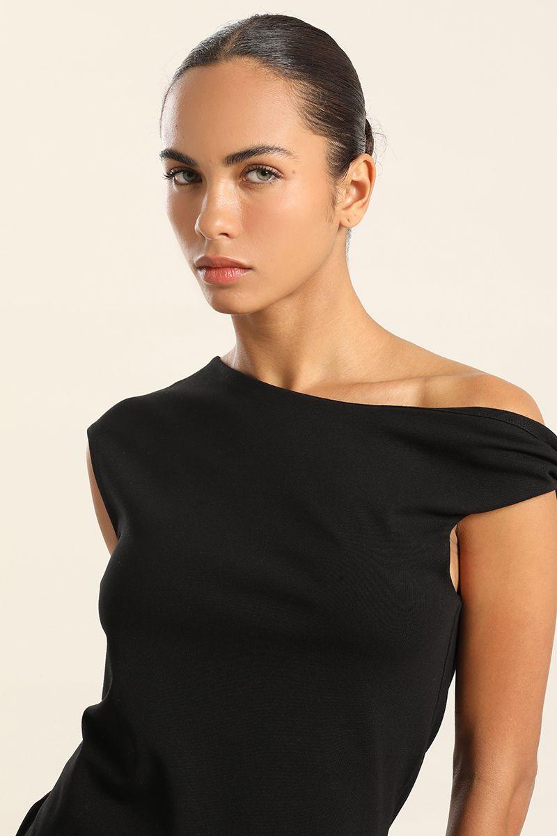 Vestido Midi, Hombro Torcido, Negro Liola-6