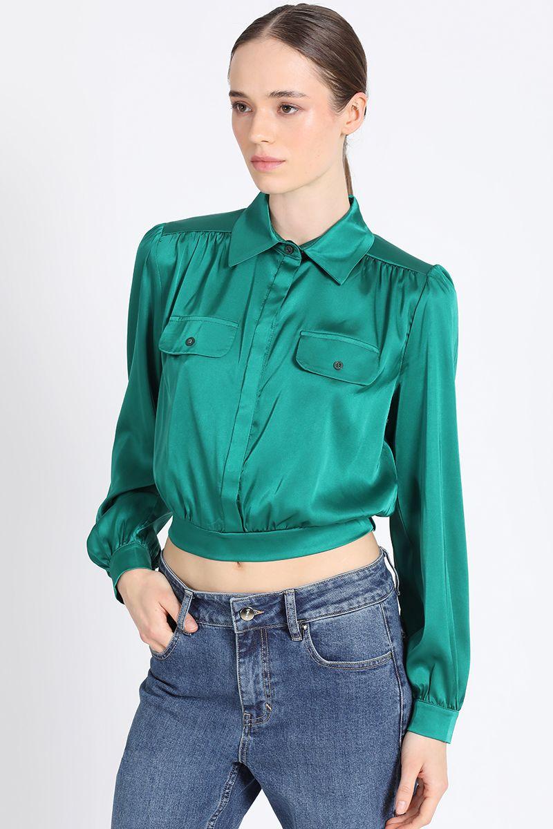 Blusa Camisera Corta Satin Verde Liola-1