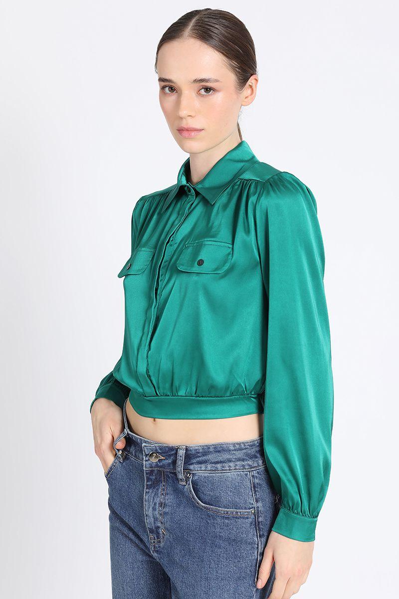 Blusa Camisera Corta Satin Verde Liola-3