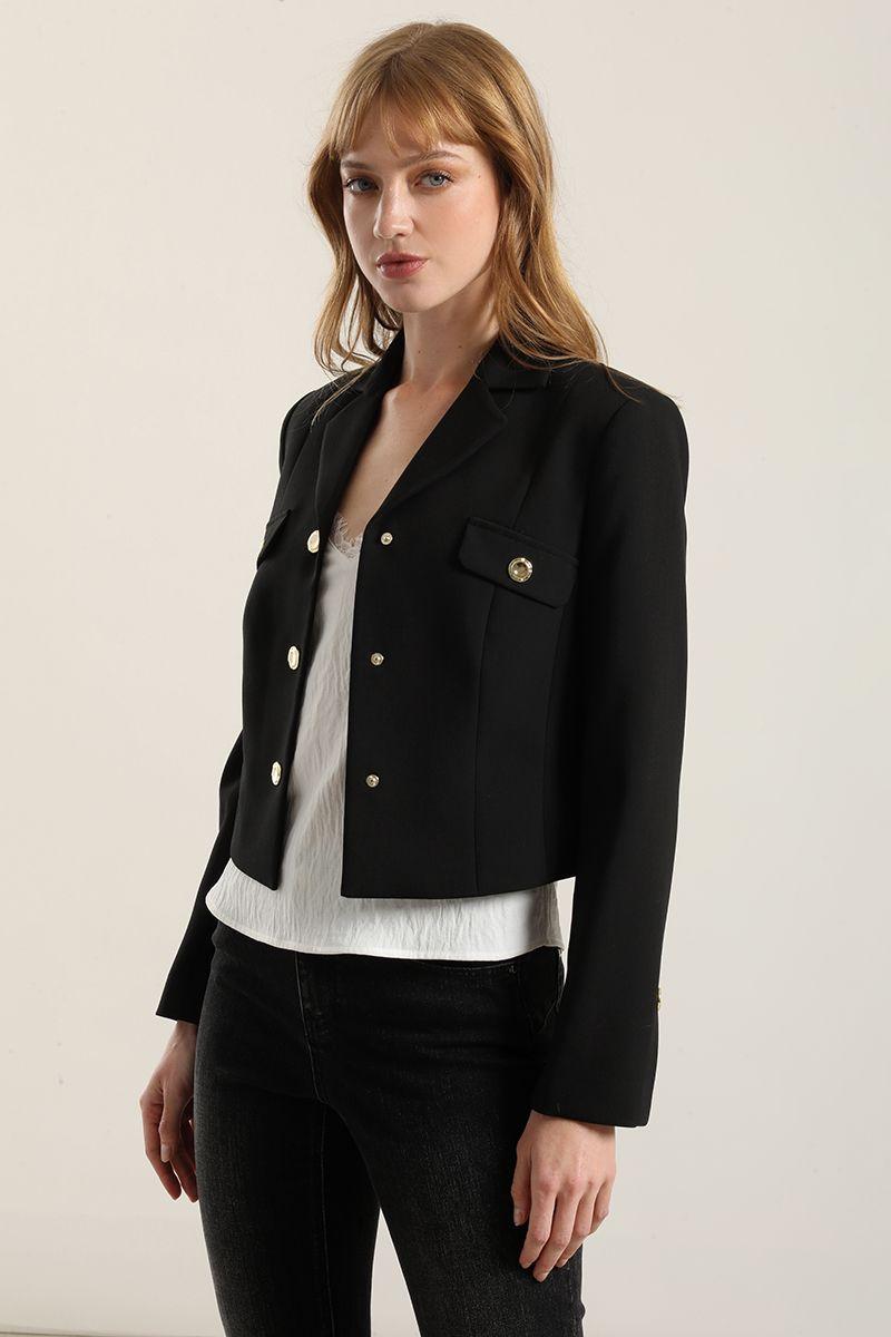 Chaqueta cropped, tapetas fantasia, negro Liola-0