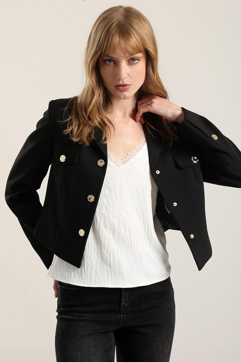 Chaqueta cropped, tapetas fantasia, negro Liola-3