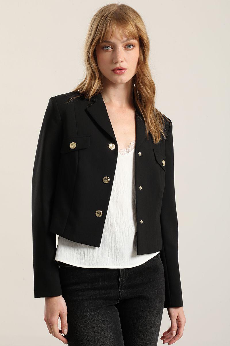 Chaqueta cropped, tapetas fantasia, negro Liola-4