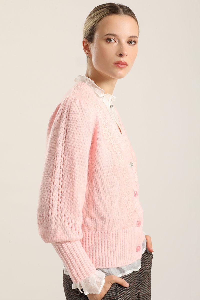 Cardigan Punto Aplicacion Encaje, Rosa Liola-3