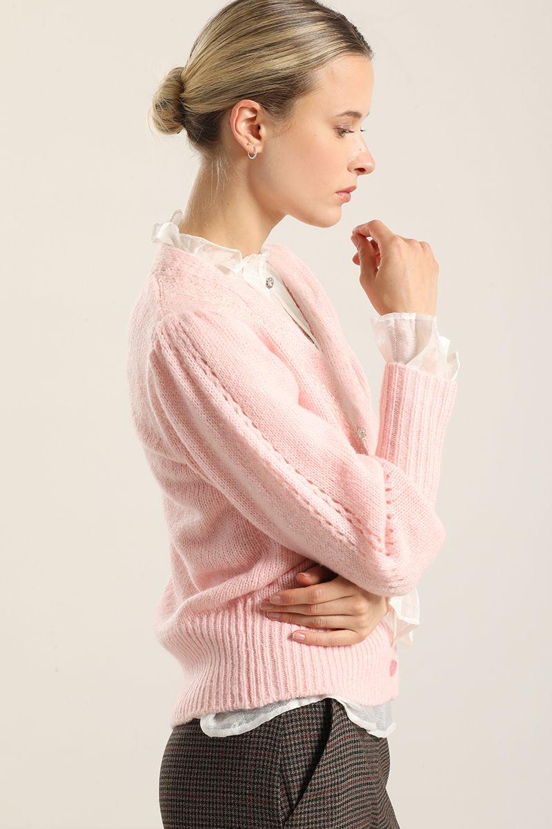 Cardigan Punto Aplicacion Encaje, Rosa Liola-5
