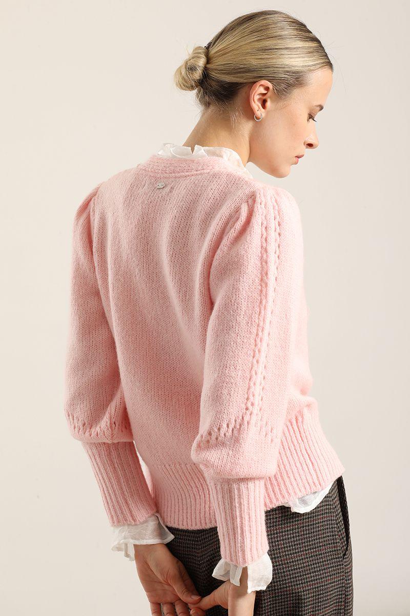 Cardigan Punto Aplicacion Encaje, Rosa Liola-6