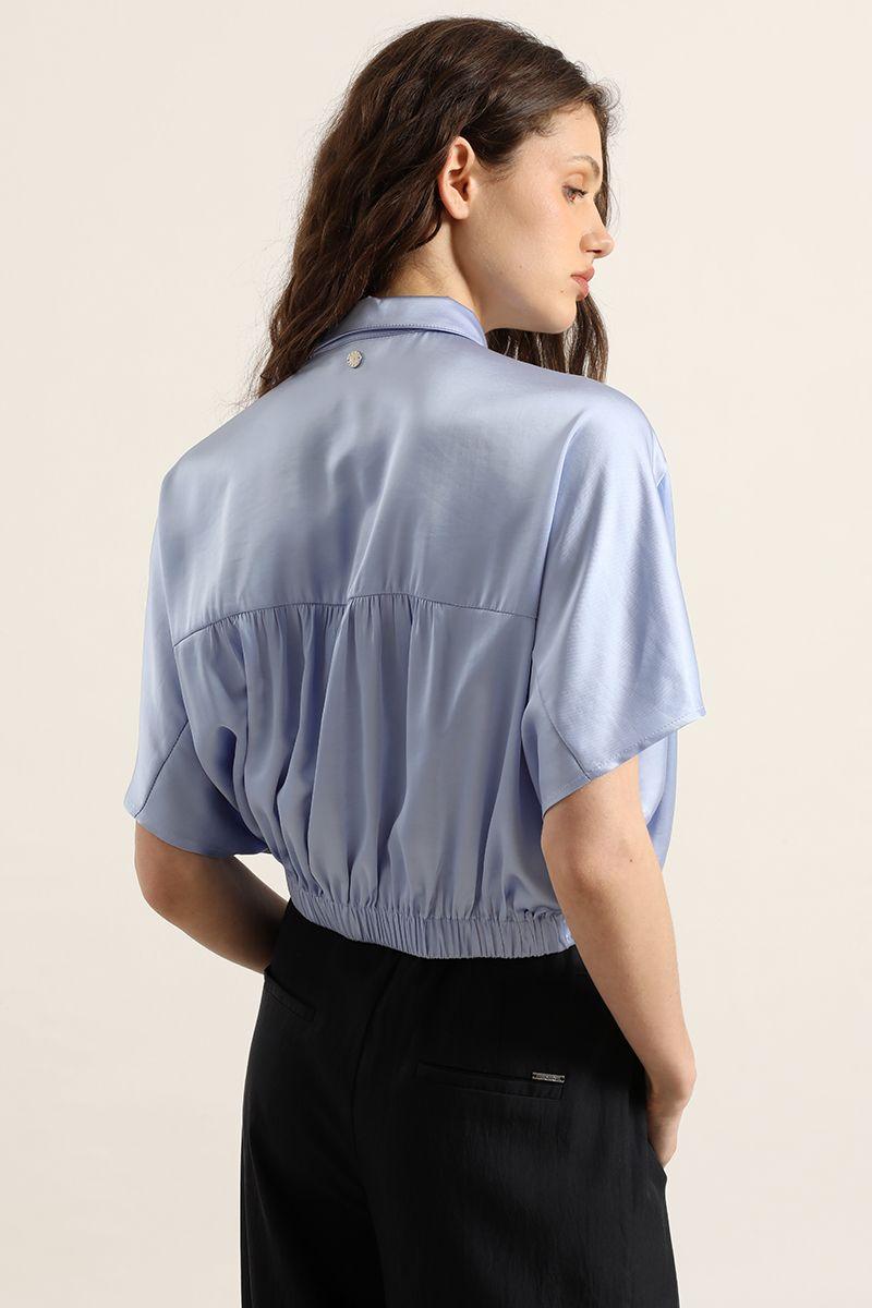 Blusa satin, amarre cintura, celeste Liola-4
