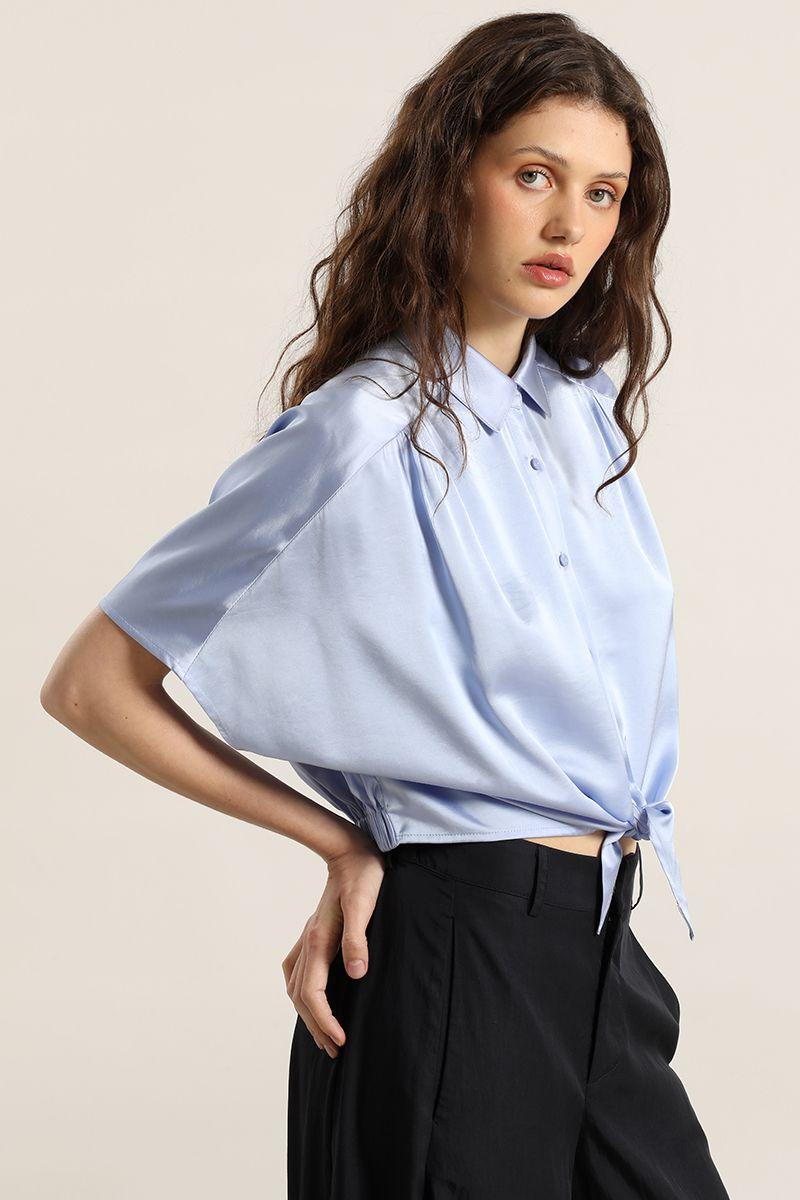 Blusa satin, amarre cintura, celeste Liola-5
