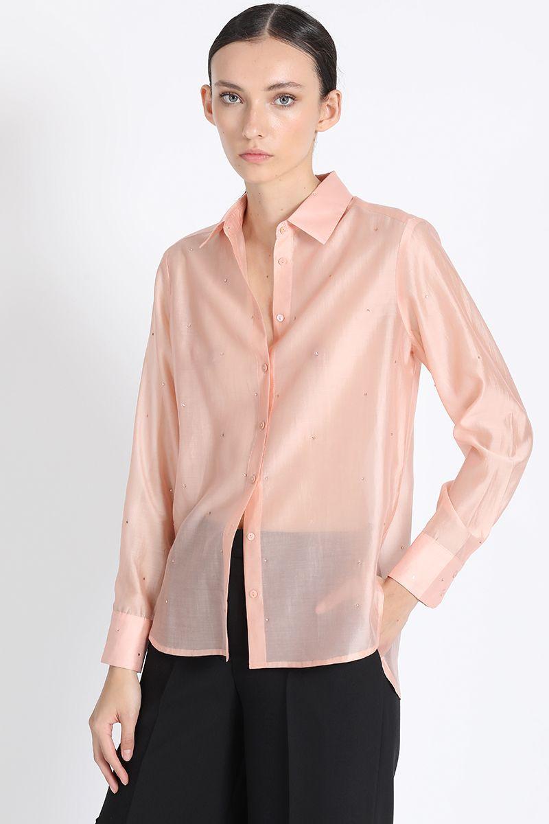 Camisa Semi Transparente Con Strass, Coral Liola-2