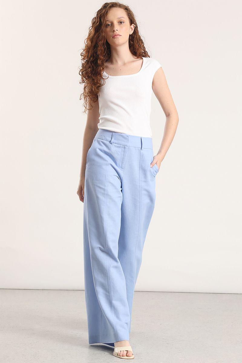 Pantalón palazzo lino liola mujer celeste-1