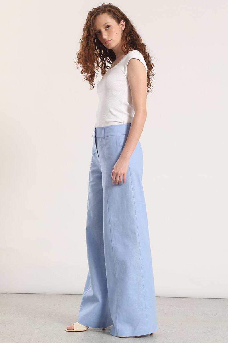 Pantalón palazzo lino liola mujer celeste-4