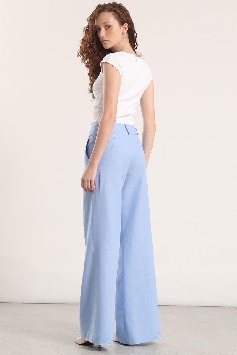 Pantalón palazzo lino liola mujer celeste-5