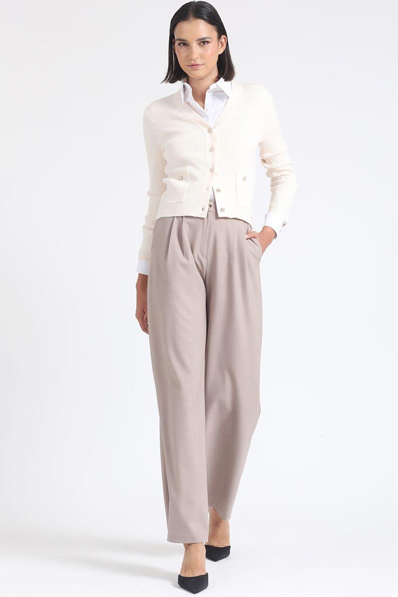Pantalon Ancho Tiro Alto Con Pinzas, Beige Liola-0