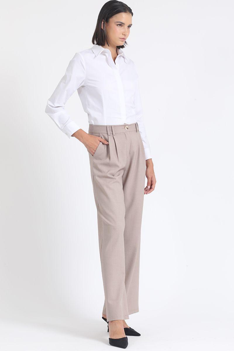 Pantalon Ancho Tiro Alto Con Pinzas, Beige Liola-2
