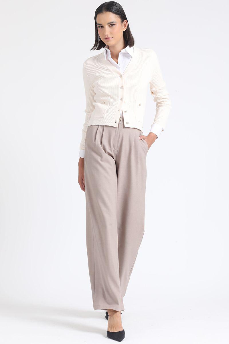 Pantalon Ancho Tiro Alto Con Pinzas, Beige Liola-4
