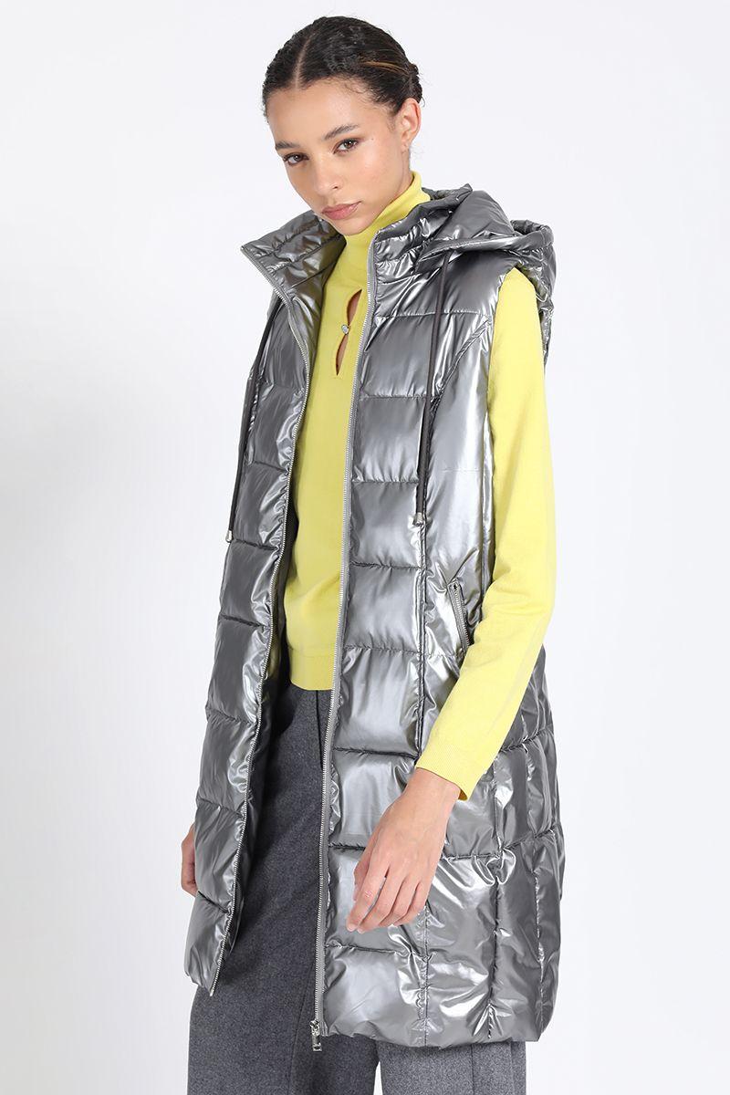 Parka Larga Sin Mangas Capuchon Desmontable, Plateado Liola-5