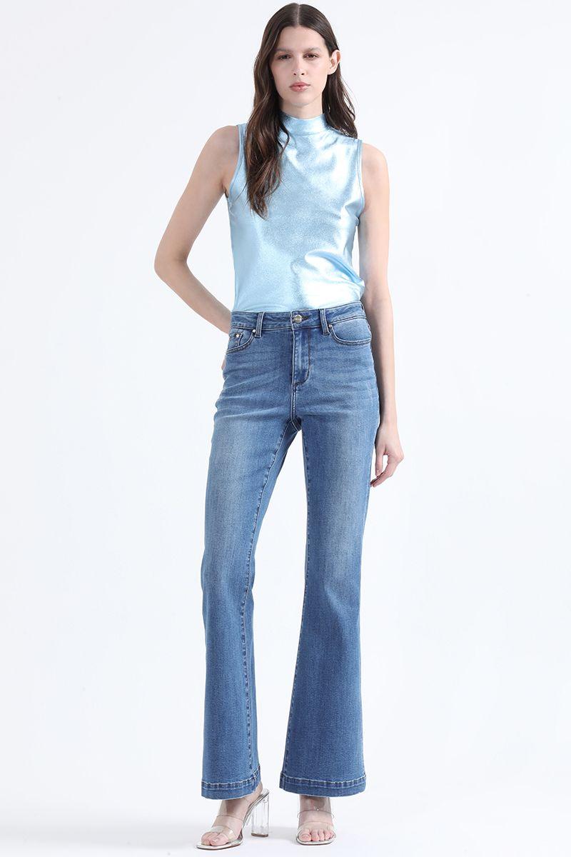 Jeans Flare Fit, Con Bordados, Tiro Medio, Azul Liola-0