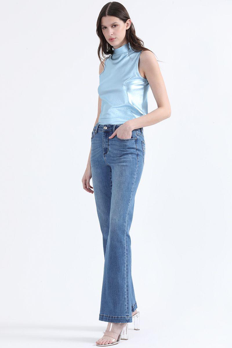 Jeans Flare Fit, Con Bordados, Tiro Medio, Azul Liola-1