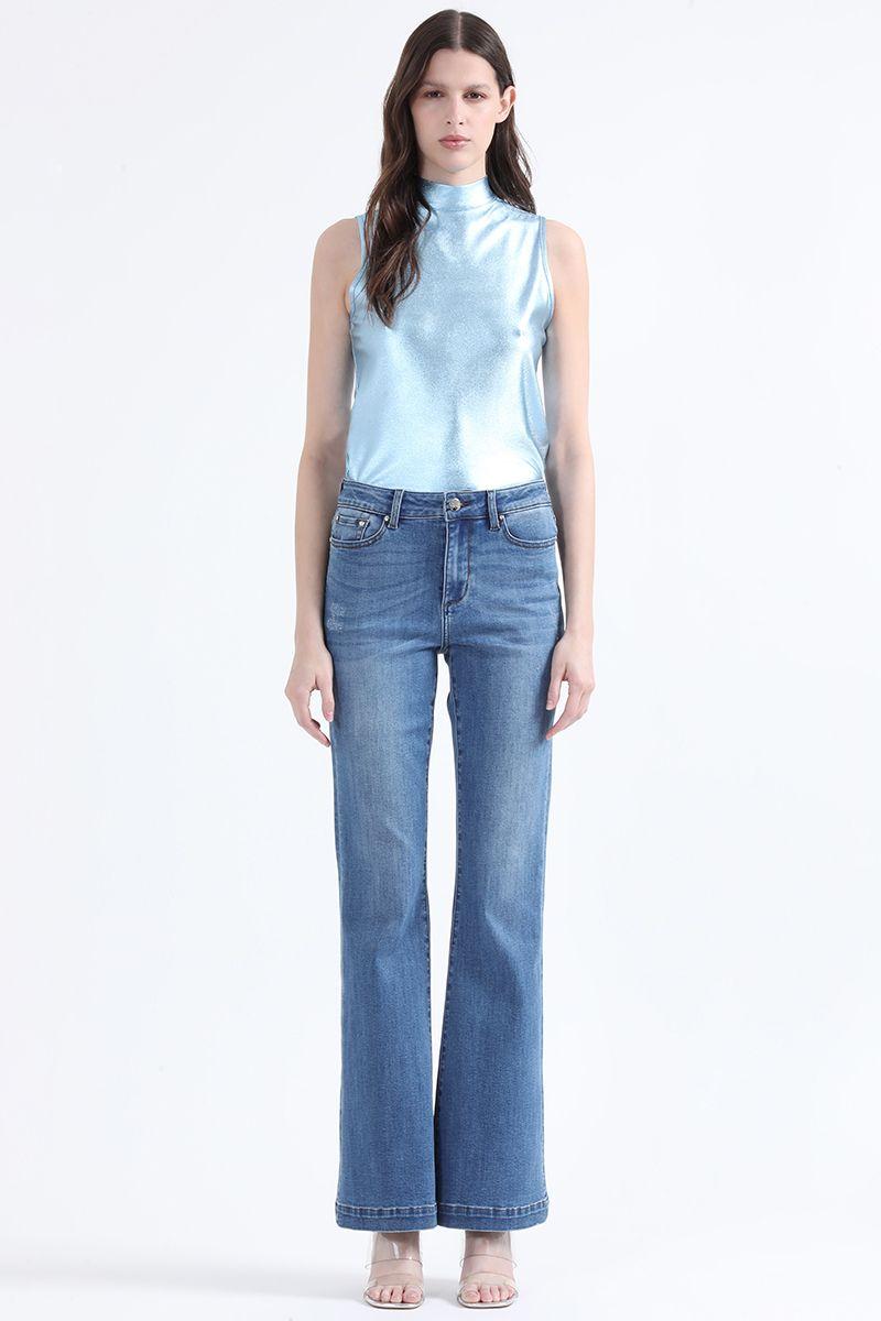 Jeans Flare Fit, Con Bordados, Tiro Medio, Azul Liola-2