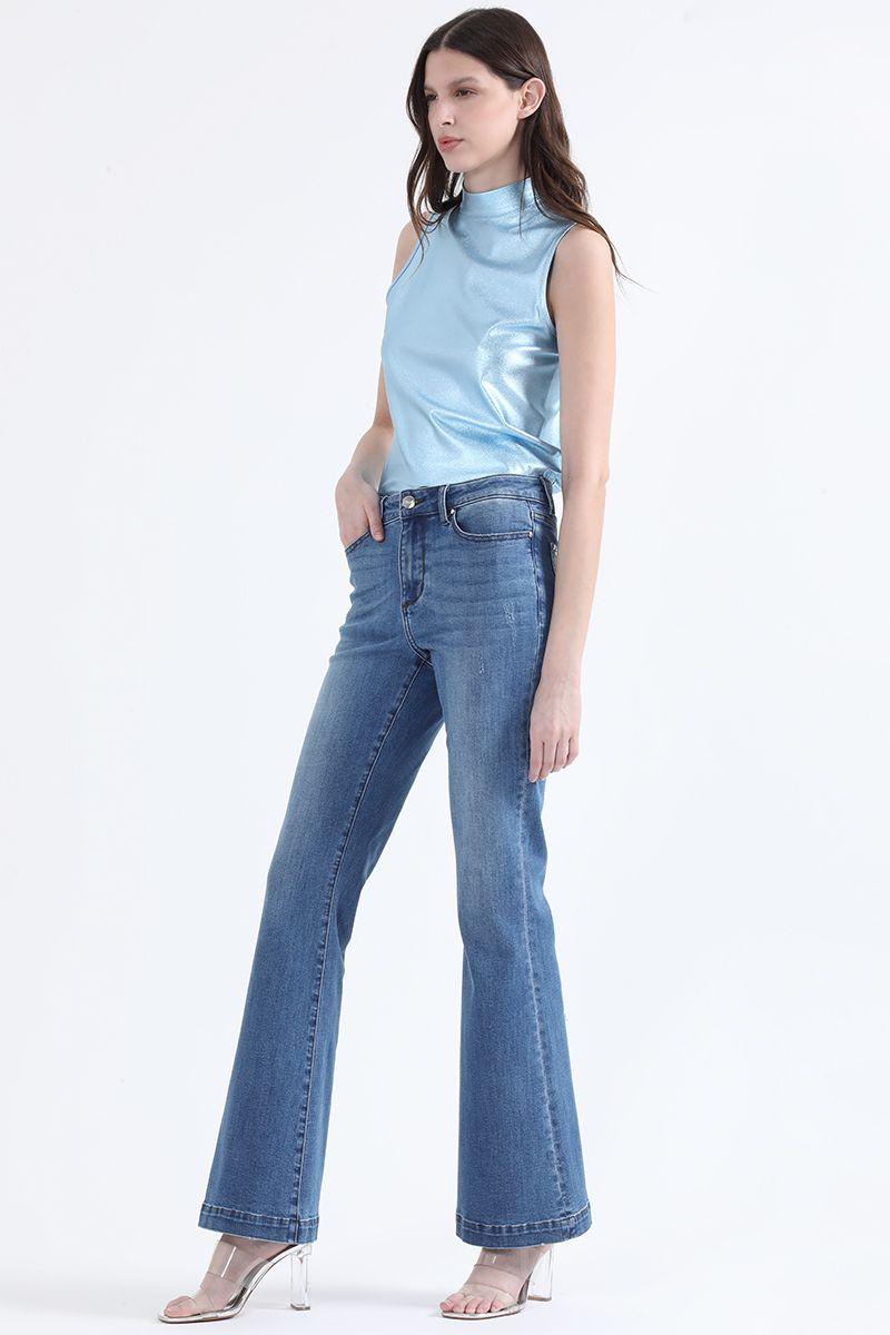 Jeans Flare Fit, Con Bordados, Tiro Medio, Azul Liola-4