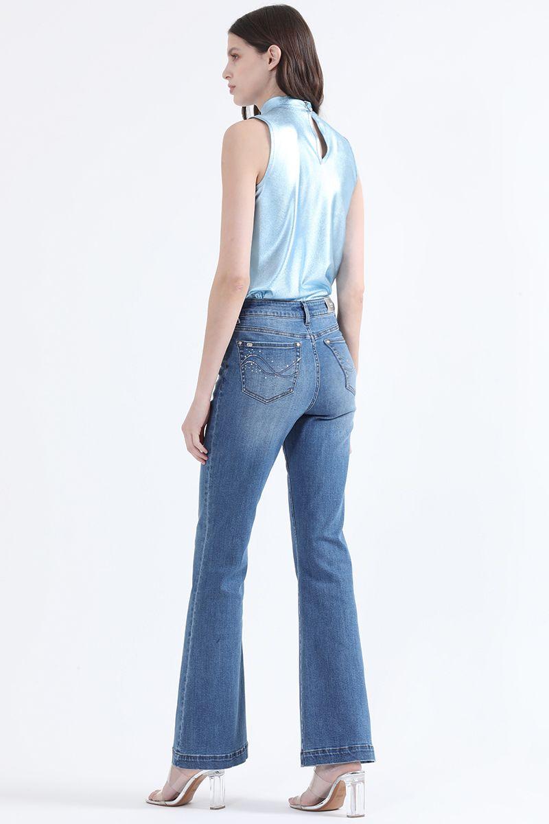 Jeans Flare Fit, Con Bordados, Tiro Medio, Azul Liola-5