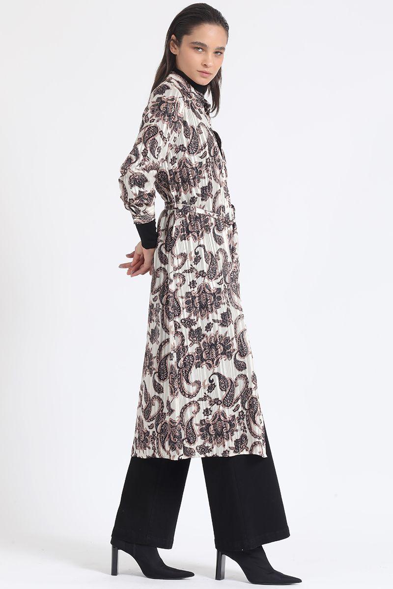 Camisa Larga Satin Estampado Fantasia Paisley, Beige Liola-3