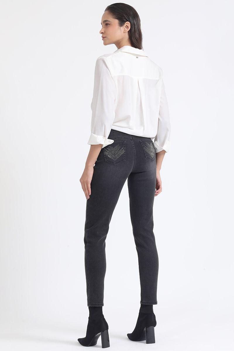 Jeans Skinny Push-Up Brillos, Tiro Medio, Negro Liola-2