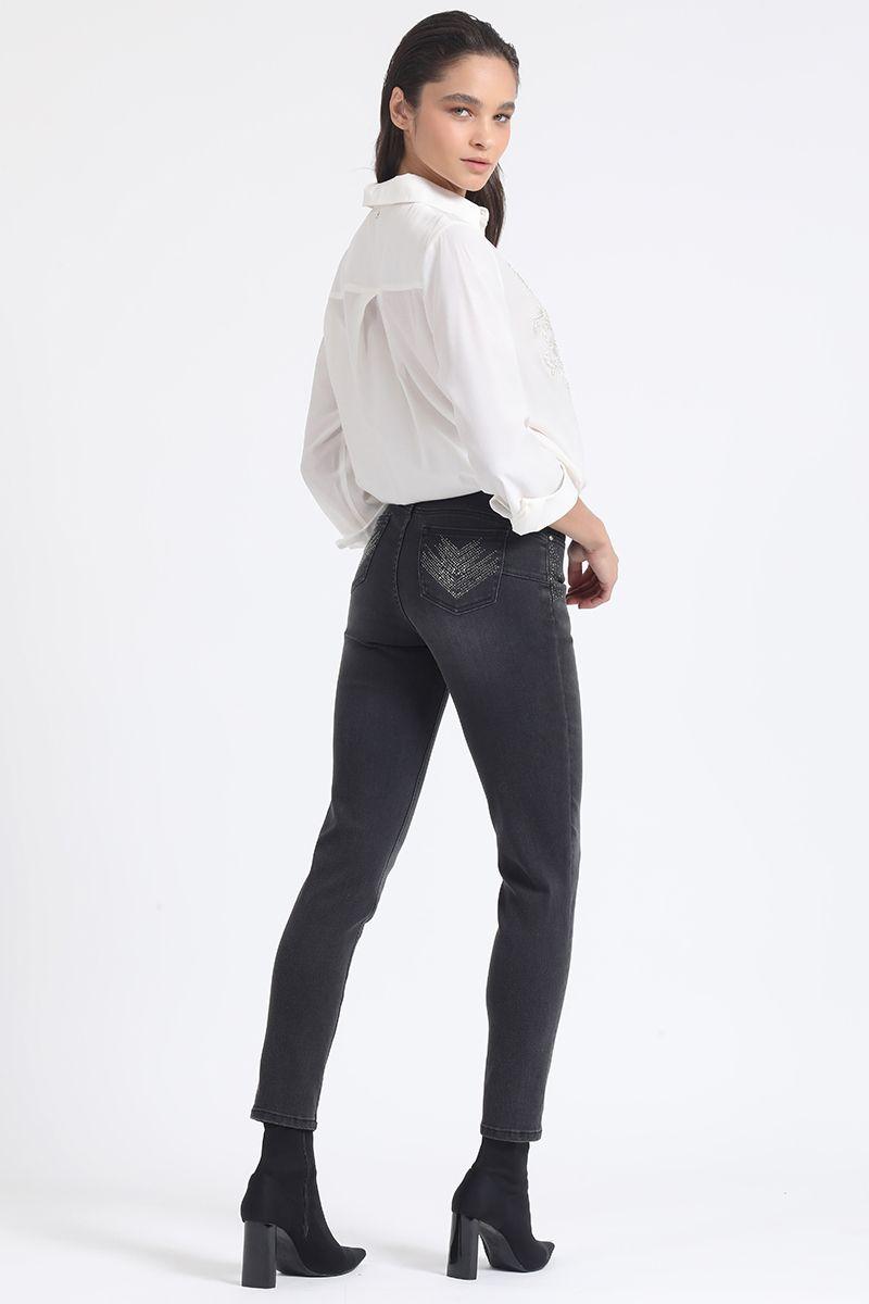 Jeans Skinny Push-Up Brillos, Tiro Medio, Negro Liola-4