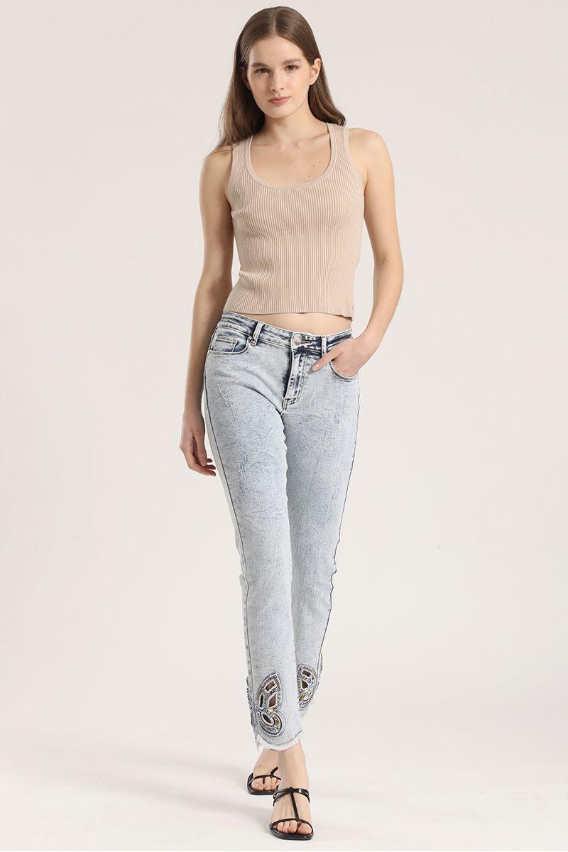 Jeans slim pedreria Liola mujer celeste-0
