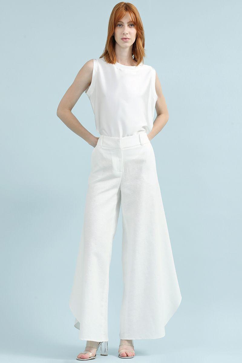 Pantalon Palazzo, Tiro Alto, Lino Algodón, Crudo Liola-1