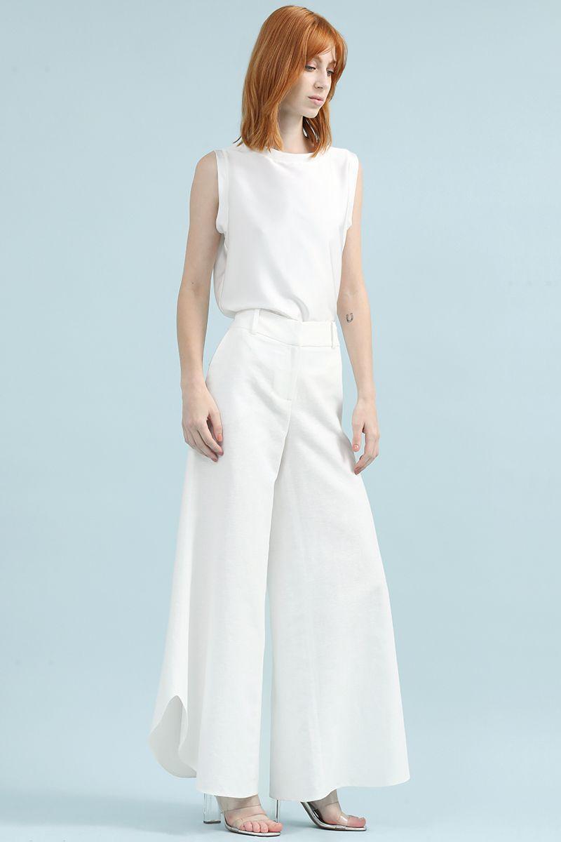 Pantalon Palazzo, Tiro Alto, Lino Algodón, Crudo Liola-3