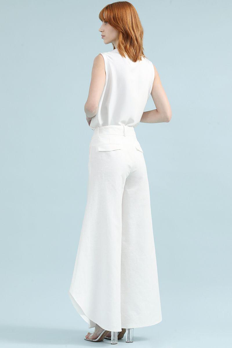 Pantalon Palazzo, Tiro Alto, Lino Algodón, Crudo Liola-5