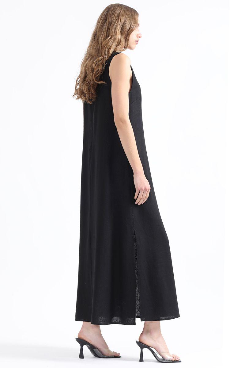 Vestido Maxi Con Lino, Bordado, Negro Liola-4