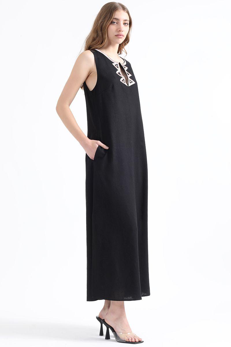 Vestido Maxi Con Lino, Bordado, Negro Liola-5
