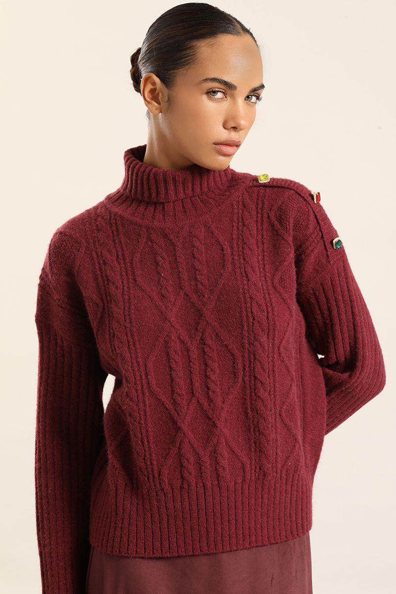Sweater Punto, Boton Joya, Burdeo Liola-4