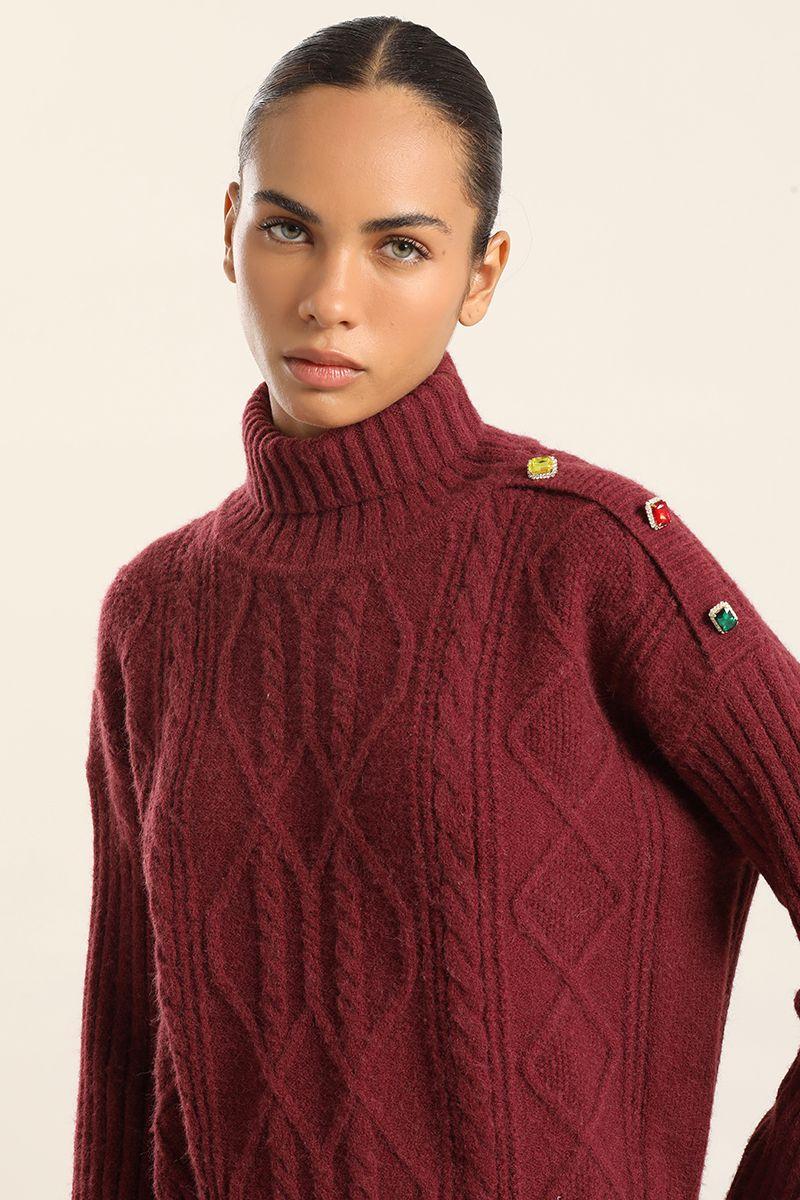 Sweater Punto, Boton Joya, Burdeo Liola-6
