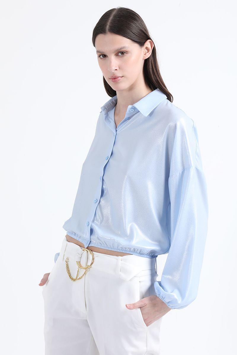 Blusa Cropped Metalizada, Celeste, Colección Italia Liola-2
