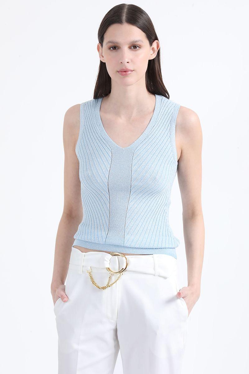 Top Largo, Tejido Punto Con Hilo Metalizado, Celeste Liola-2