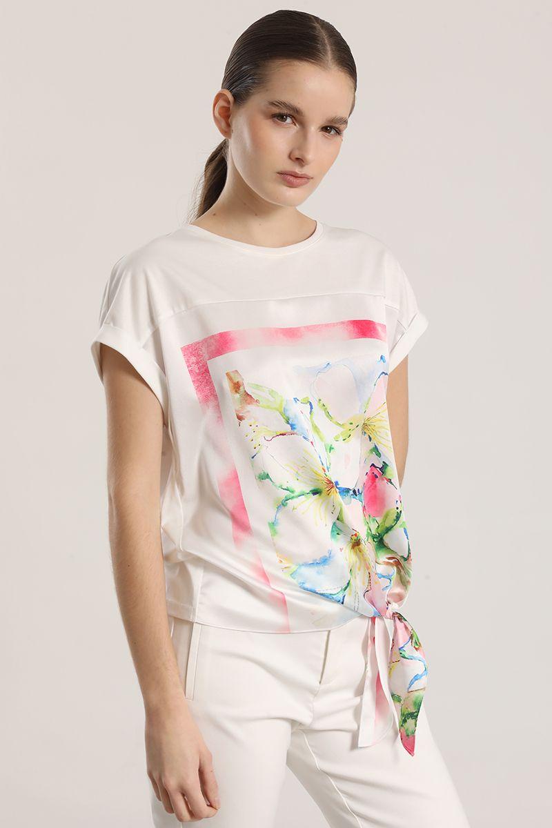 Polera satin estampada con amarra liola mujer crudo-0