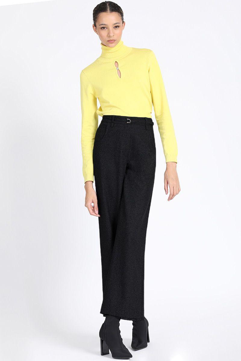 Pantalon Ancho, Tiro Medio Con Cinturon, Negro Liola-1