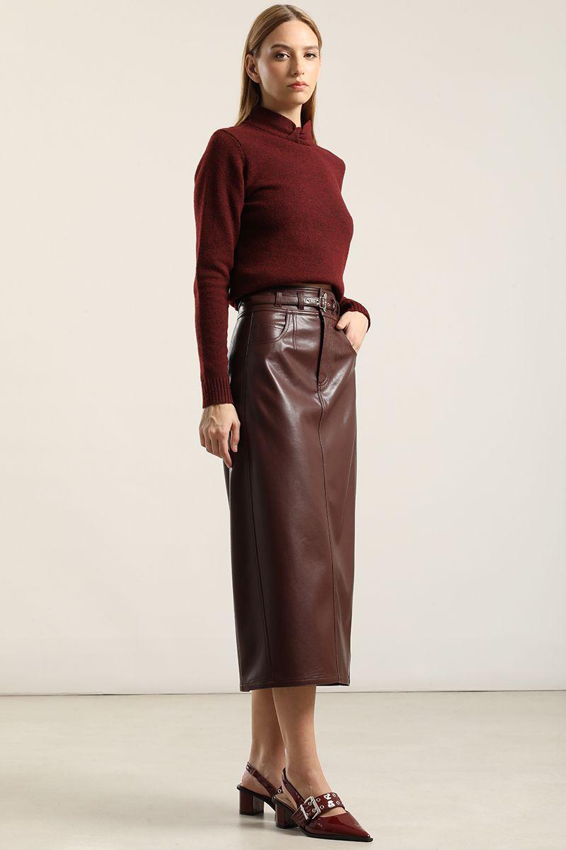 Falda Midi, Efecto Cuero, Burdeo Liola-0