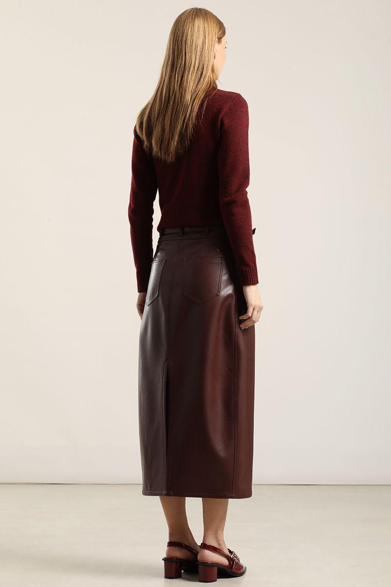 Falda Midi, Efecto Cuero, Burdeo Liola-2