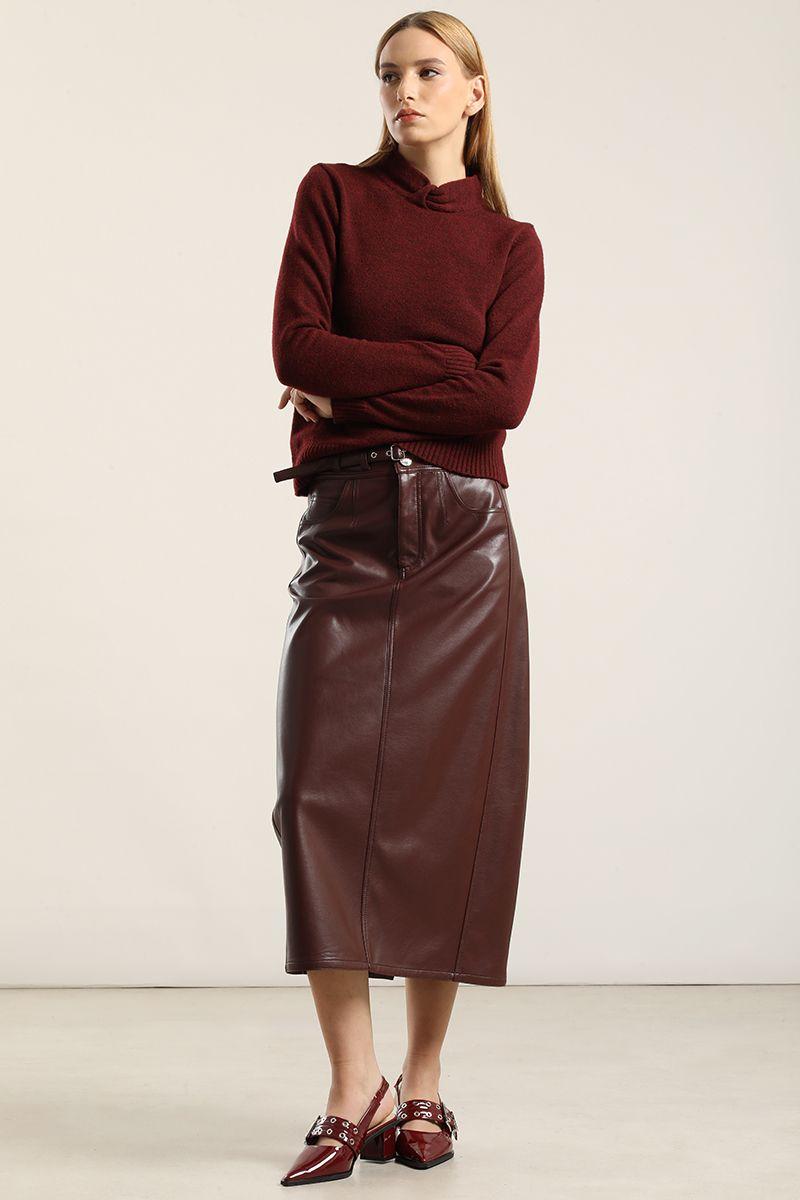 Falda Midi, Efecto Cuero, Burdeo Liola-3